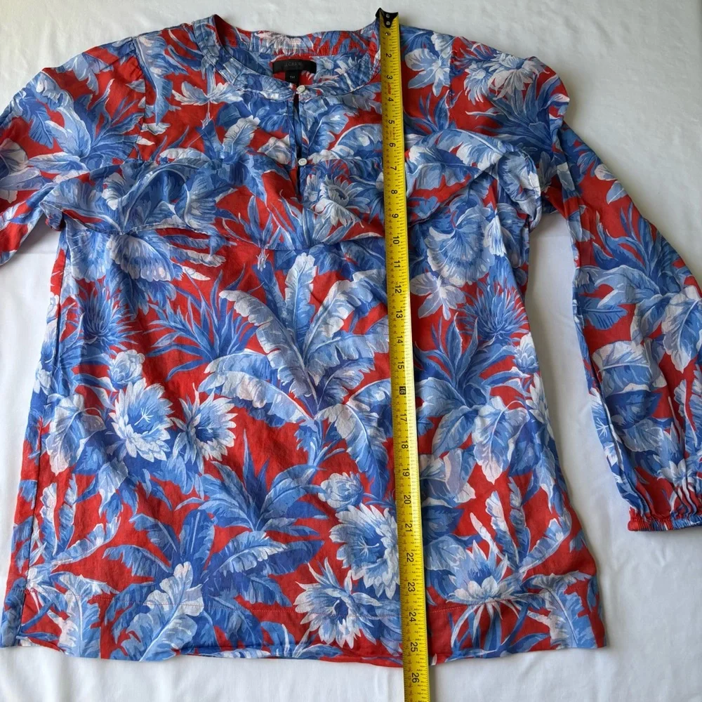 J. Crew Red and Blue Flowers Pullover Ruffle Boho Blouse Long Sleeves